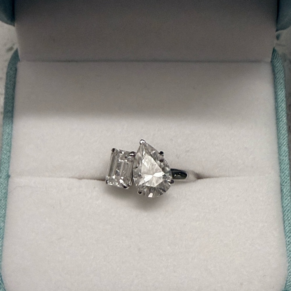 4.50 CTW Emerald & Pear
Moissanite Two Stone
Wedding Ring Solid 14K White
Gold